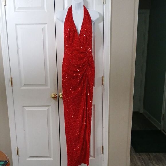 Fashion Nova Hailie  Halter Red Sequin Maxi Dress prom formal Sz S NWT - Picture 1 of 9
